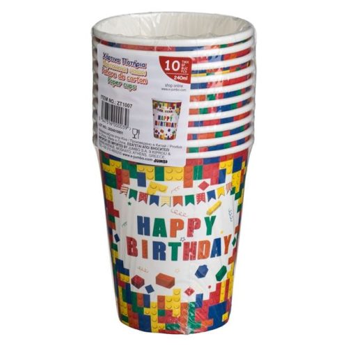 Fehér Papír Partipoharak Színes Téglamintával – „Happy Birthday” 240 ml – 10 db