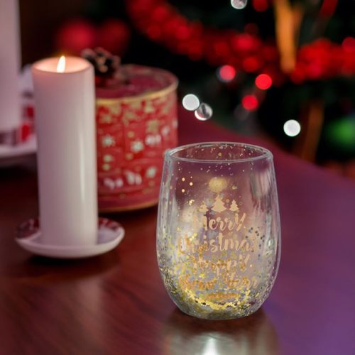 Kétszínű konfettis, duplafalú karácsonyi üveg „Merry Christmas” pohár 330 ml