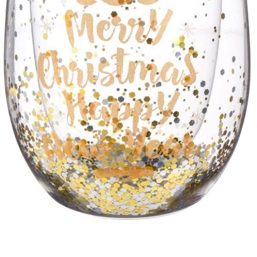 Kétszínű konfettis, duplafalú karácsonyi üveg „Merry Christmas” pohár 330 ml