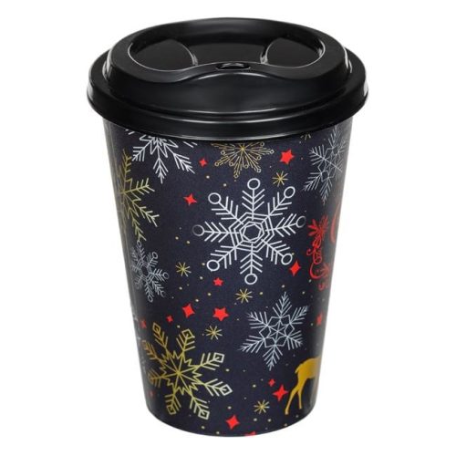 Fekete műanyag karácsonyi pohár hópelyhes, rénszarvasos „Merry Christmas” mintával 500 ml