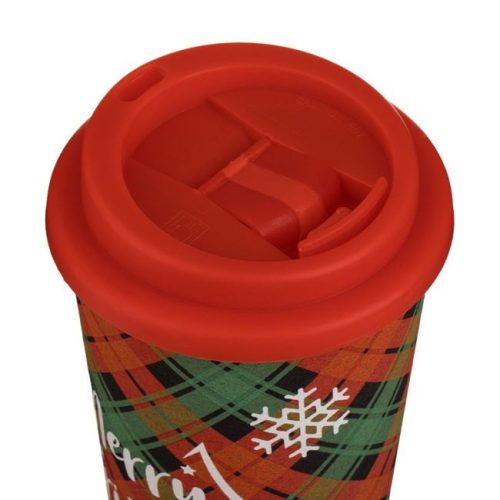 Karácsonyi pohár műanyag és parafa réteggel, kockás „Merry Christmas” mintával 500 ml