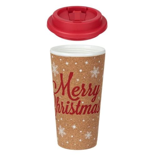 Karácsonyi pohár műanyag és parafa réteggel, piros tetővel „Merry Christmas” 500 ml