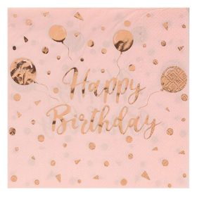   Rose Gold Happy Birthday Fólia lufis Party Szalvéta, 2 rétegű, 33x33cm - 12 db