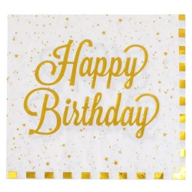   Fehér Kétrétegű Partiszalvéták Arany Fóliacsíkokkal – „Happy Birthday” 33x33 cm – 12 db