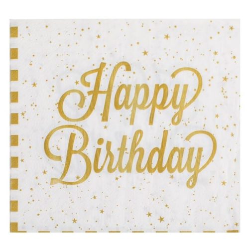 Fehér Kétrétegű Partiszalvéták Arany Fóliacsíkokkal – „Happy Birthday” 33x33 cm – 12 db