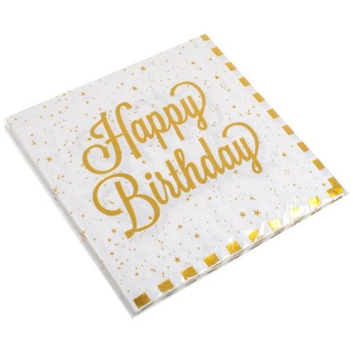 Fehér Kétrétegű Partiszalvéták Arany Fóliacsíkokkal – „Happy Birthday” 33x33 cm – 12 db