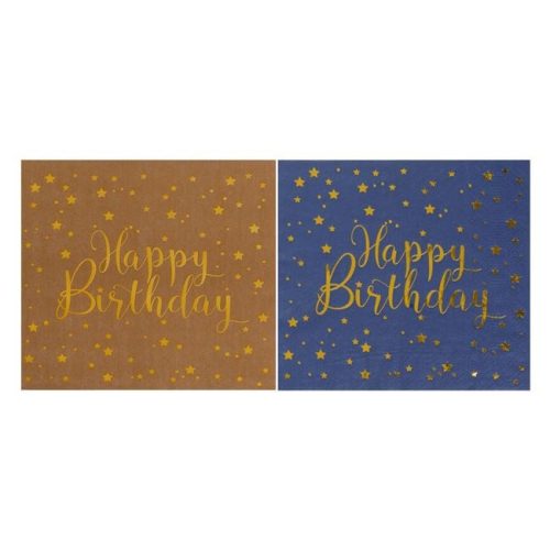 Kétrétegű Partiszalvéták Kék és Barna Színben, Arany Csillagmintával – „Happy Birthday” 33x33 cm – 12 db