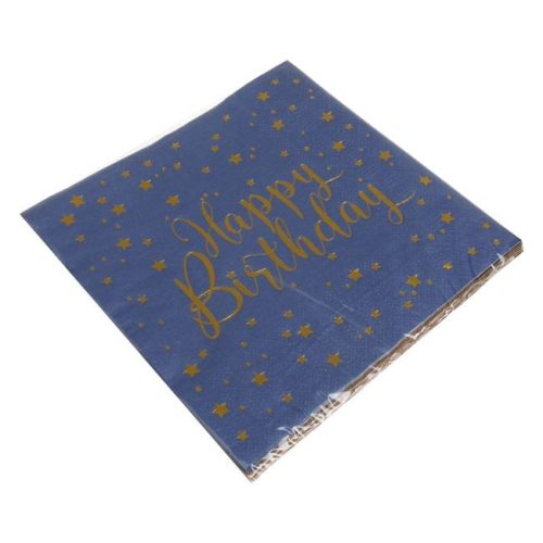 Kétrétegű Partiszalvéták Kék és Barna Színben, Arany Csillagmintával – „Happy Birthday” 33x33 cm – 12 db
