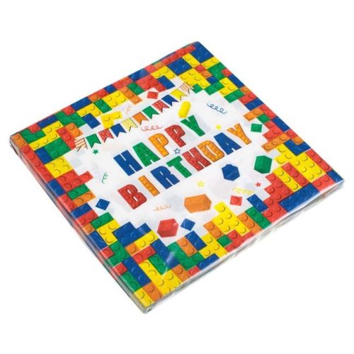 Egyrétegű Partiszalvéták Fehér Alapon Színes Téglamintával – „Happy Birthday” 33x33 cm – 20 db