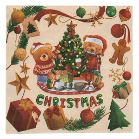   Karácsonyi bézs szalvéta barna macival és feldíszített fenyővel „Christmas” felirattal 40×40 cm – 20 db