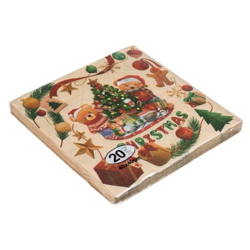 Karácsonyi bézs szalvéta barna macival és feldíszített fenyővel „Christmas” felirattal 40×40 cm – 20 db