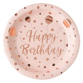   Rose Gold Héliumos Lufi Mintás Happy Birthday Papírtányér - 23 cm, 6 db