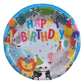   Papír Tálka Állatos Mintával „Happy Birthday” Felirattal, 19cm - 6db