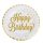 Fehér Papírtányérok Arany Fóliacsíkokkal – „Happy Birthday” Ø18 cm – 12 db