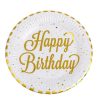 Fehér Papírtányérok Arany Fóliacsíkokkal – „Happy Birthday” Ø23 cm – 12 db