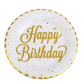   Fehér Papírtányérok Arany Fóliacsíkokkal – „Happy Birthday” Ø23 cm – 12 db
