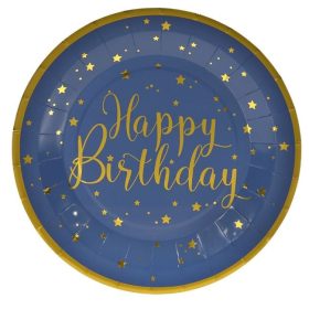   Kék Kraft Papírtányérok Arany Csillagmintával – „Happy Birthday” Ø23 cm – 6 db