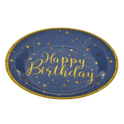 Kék Kraft Papírtányérok Arany Csillagmintával – „Happy Birthday” Ø18 cm – 6 db