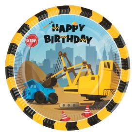   Világoskék és Sárga Papírtányérok Építőgépes Mintával – „Happy Birthday” Ø23 cm – 10 db