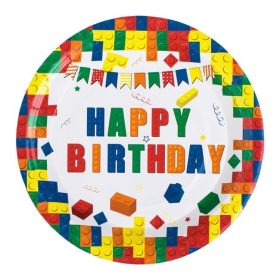   Fehér Papírtányérok Színes Téglamintával – „Happy Birthday” Ø18 cm – 10 db