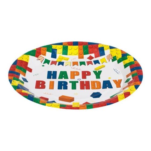 Fehér Papírtányérok Színes Téglamintával – „Happy Birthday” Ø18 cm – 10 db