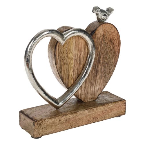 Dupla szív madárkával - fa és fém dekoráció