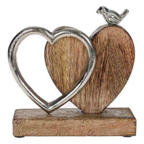 Dupla szív madárkával - fa és fém dekoráció