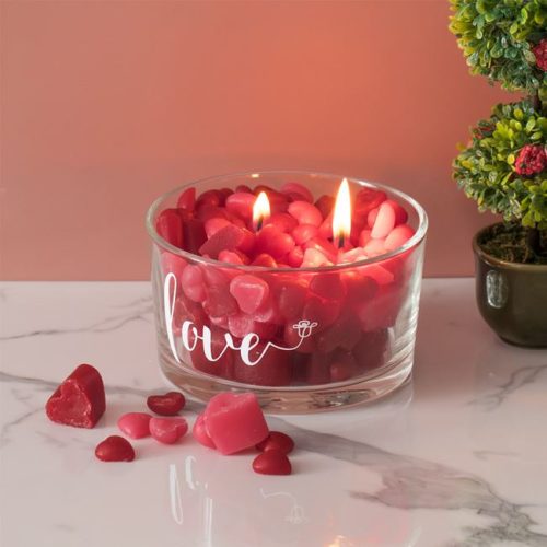 3D Piros Szíves Dekorgyertya „Love” Feliratos Üvegpohárban Ø10.5x6cm